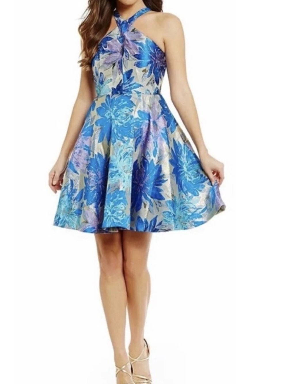 Badgley Mischka Floral Halter Blue Mini Dress Jacquard Cocktail Wedding Size 6